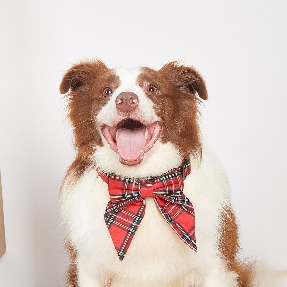 Soft Christmas Lattice Bow Dog Collar Adjustable Dog Drool Bibs Pet Dog Bow Tie  For All Seasons