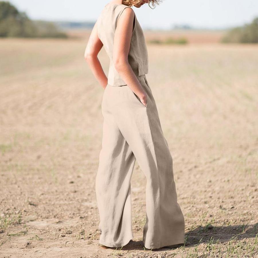 Plus Size Women's Clothing Set, Solid Color Chinese Style Retro Pants, Cotton Linen Casual Long Sleeve Loose Cotton Set