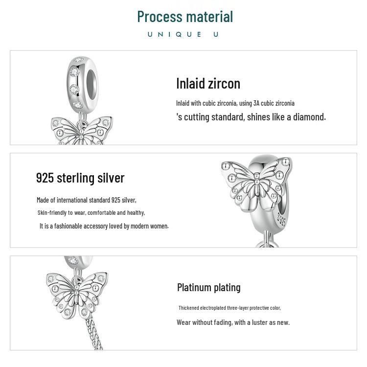 925 Sterling Silver Butterfly Safety Chain with Silicone Beads for DIY Bracelets