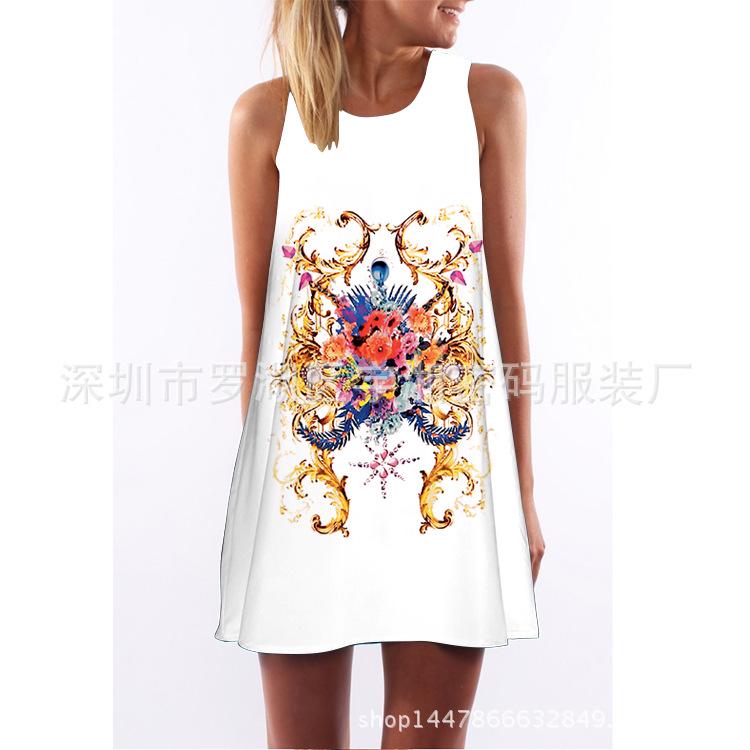 European and American Hot-selling New Digital Printing Round Neck Big Pendulum Loose Off-the-shoulder Medium and Long Vest Sleeveless Dress