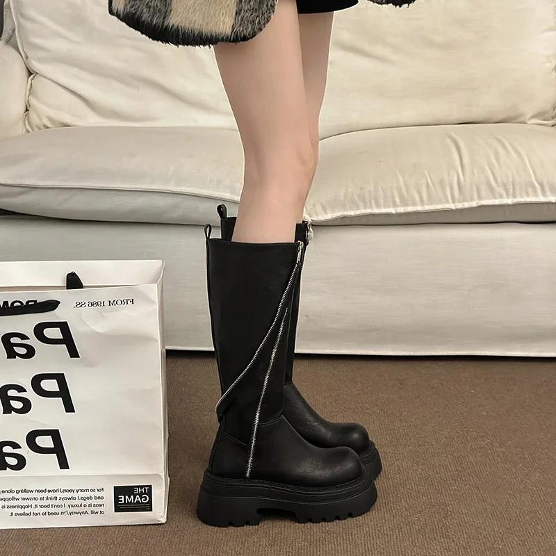 Women High Boots Square Heel Anti-slip Side Zip Winter Women Brand Designer Motorcycle Boots High Heels Outdoor Platform Shoes