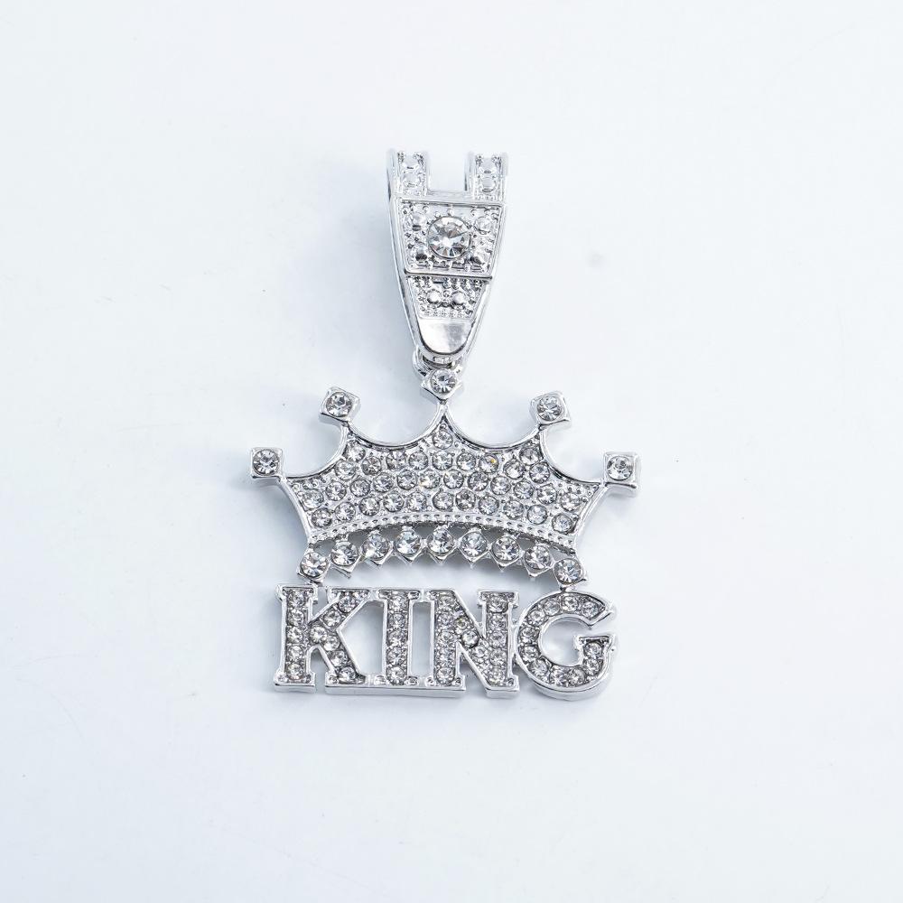 

Hot Sale: Creative Full-Diamond Letter King Crown Pendant Necklace, Hip-Hop Style, Alloy, Rhinestone, Cuban Chain Necklace