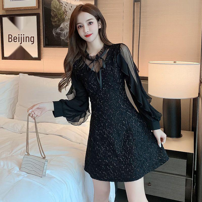 2026 Spring Women s Elegant A-line Polka Dot Long-Sleeved Dress with Mesh Patchwork and Lace-up Details S