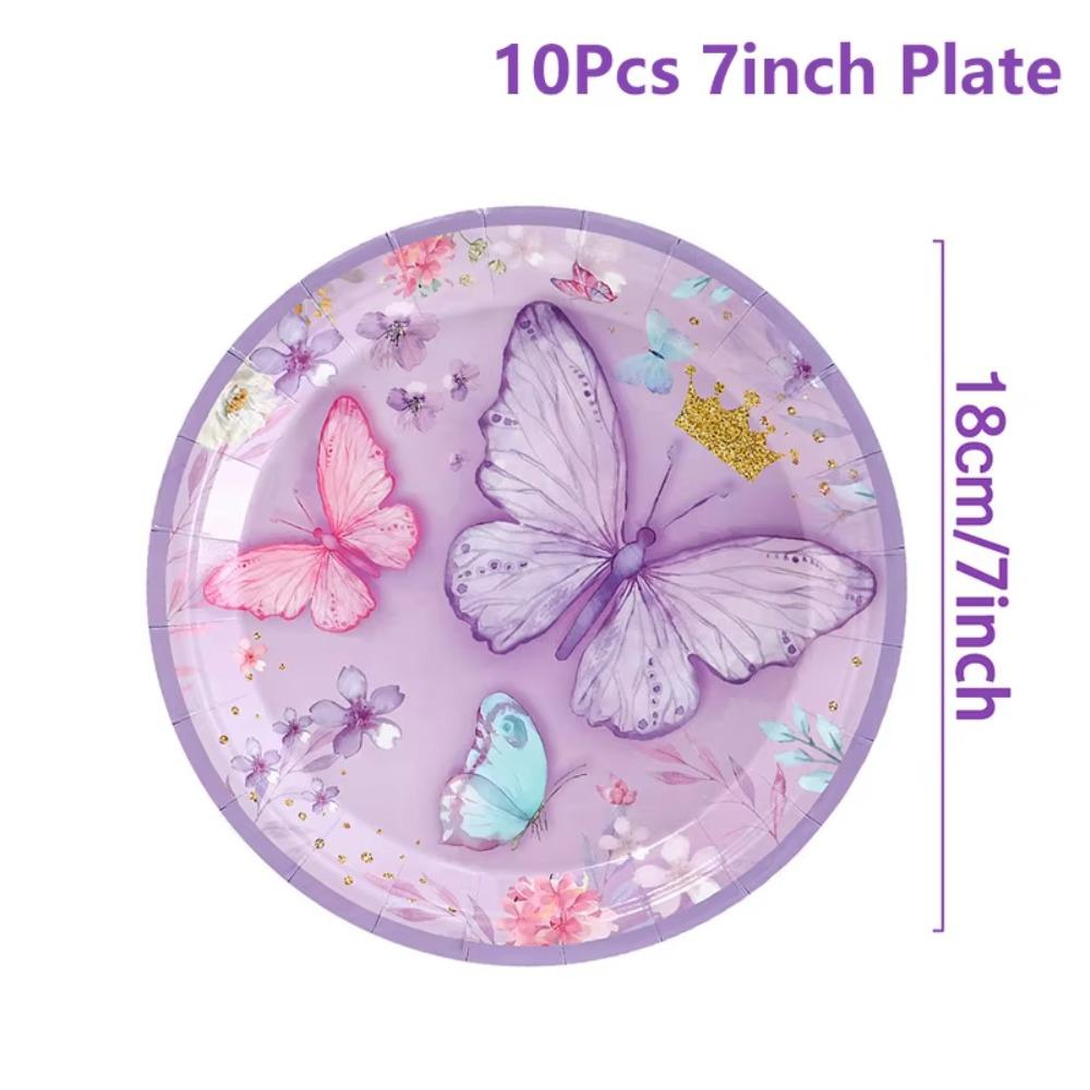 Purple Butterfly Party Supplies Disposable Tableware Set Paper Plates Cups Napkins Banner Girl Happy Birthday Baby Shower Decor