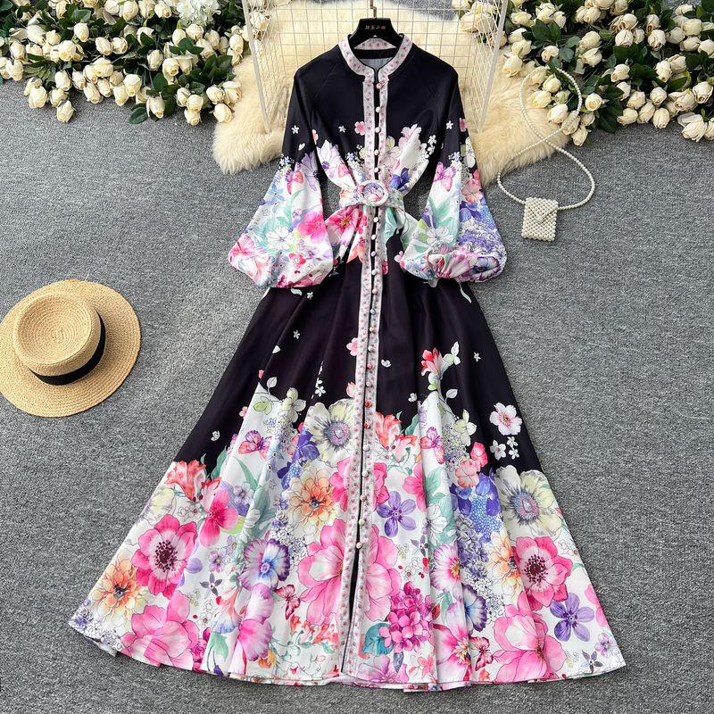 

2025 New Niche Palace Style French style Formal Dress Waist Hugging Slimming Lantern Sleeve Single-Breasted Long Print Dress Black L