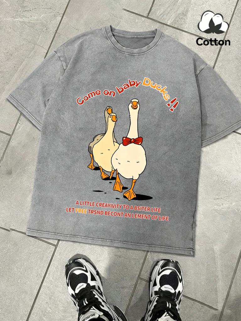 Come On Baby Duck Design Washed Mens TShirt Summer Casual Retro Cotton Top Snow Wash Tees Unisex Loose ONeck Streetwear