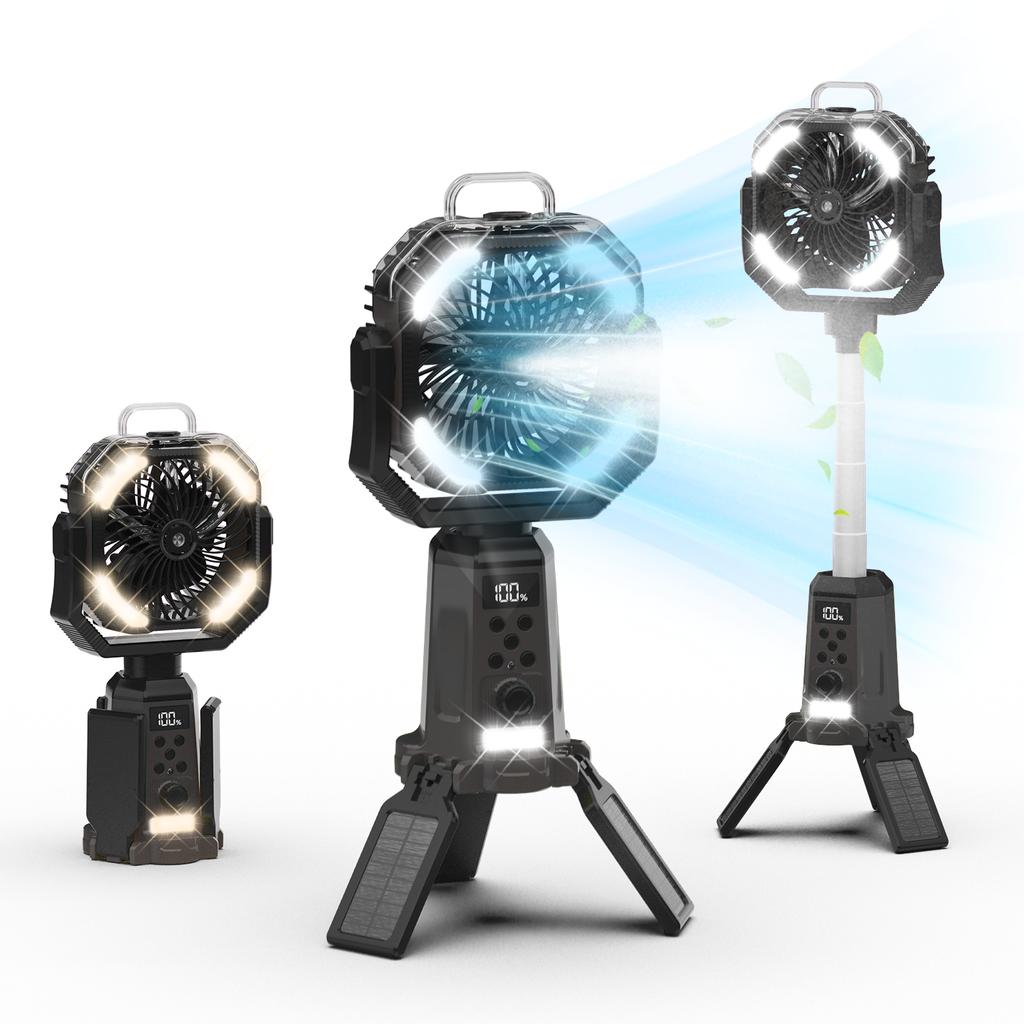 Camping spray fan, a portable fan with adjustable-height stand, powered by a 20,000mAh rechargeable battery, featuring remote control, LED light,