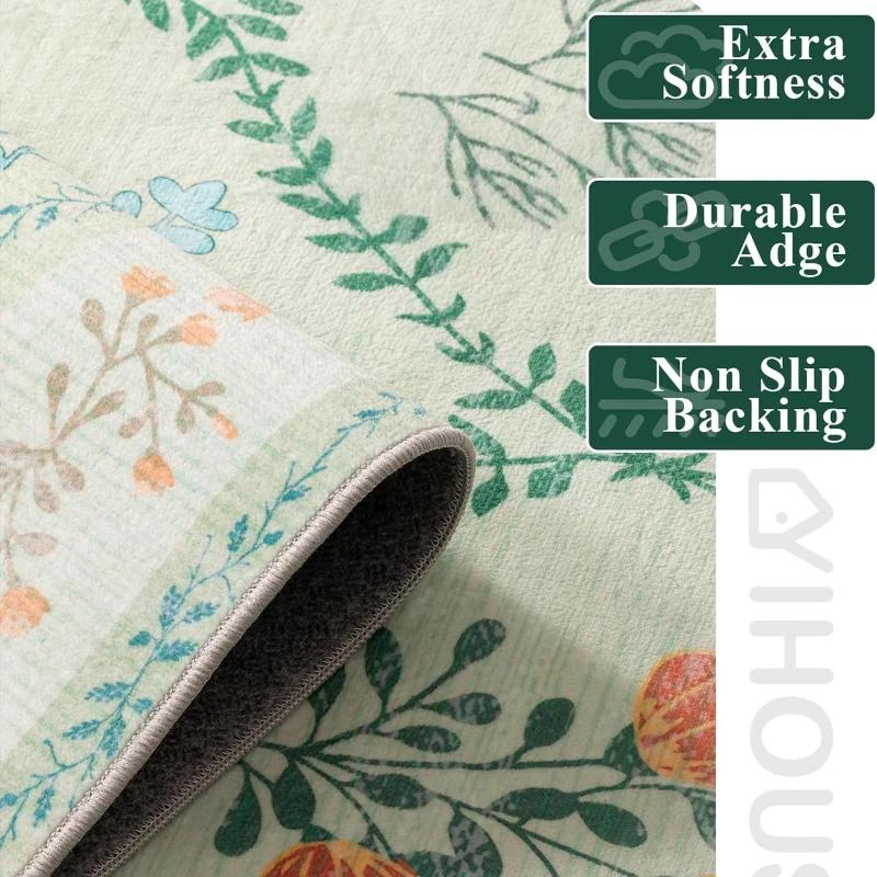 Floral Living Room Carpet Large Area Pastoral Style Print Bedroom Plush Rug Home Decoration Machine Washable Non-slip Floor Mats