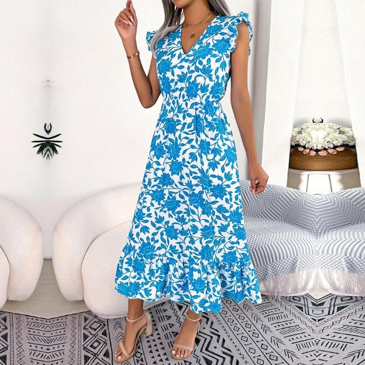 Sommer Damen Blumen V-Ausschnitt Ärmellos Urlaubs-Kleid Hohe Taille Holzohr-Kante Design