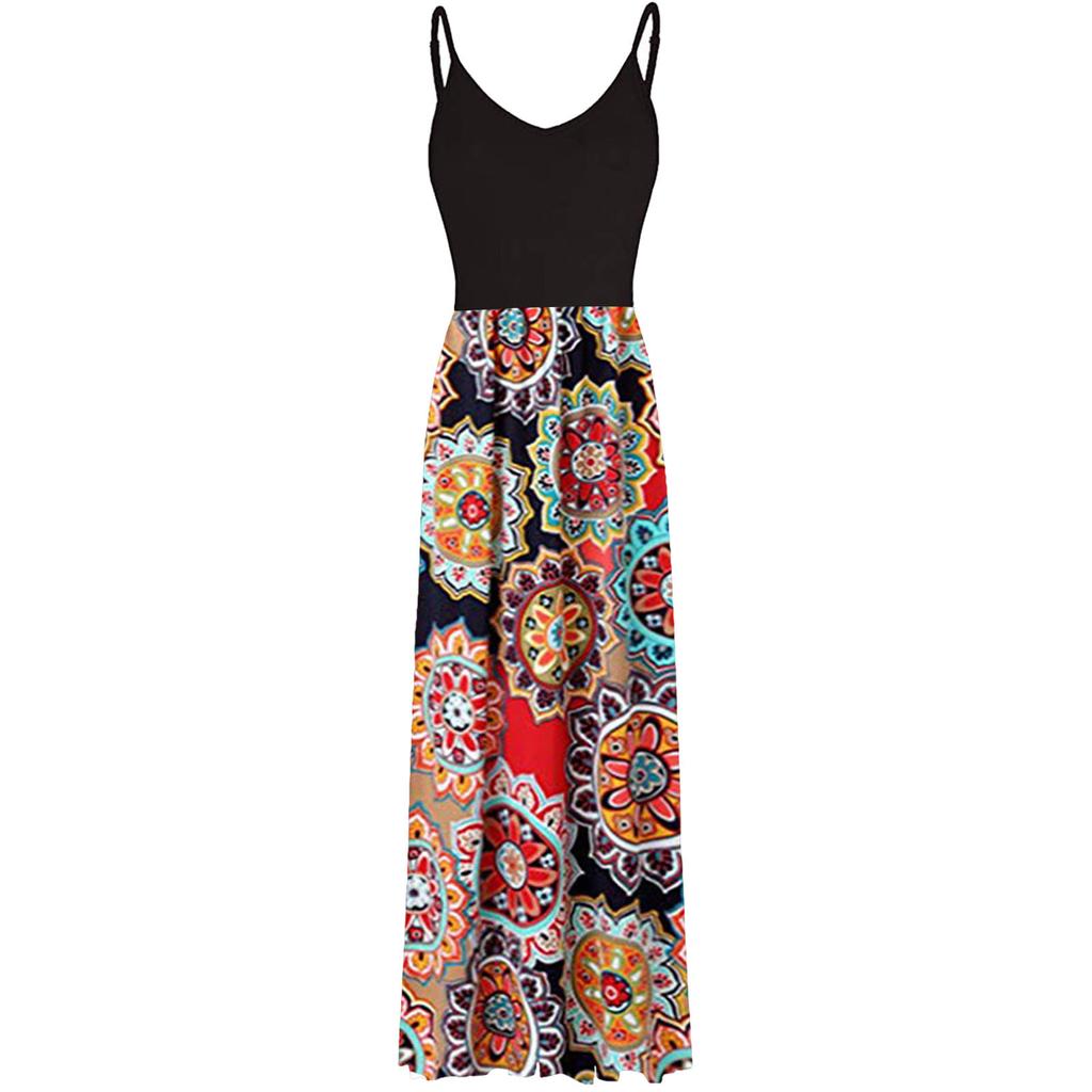 Women Sleeveless Print  V-neck Maxi Dress Summer Party Cami Dress With Pockets