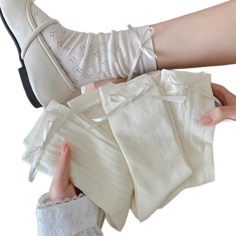 Bow Mid-calf Socks for Women, White Bubble Mouth Lace Socks for Summer, Thin Black Ear-trimmed Mary Jane Pile Socks for Women
