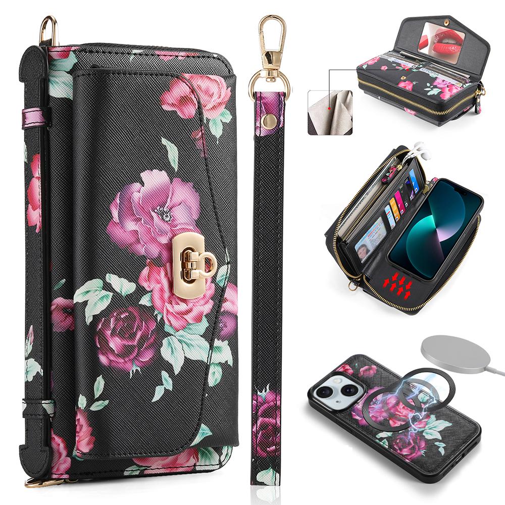 

POLA Style 001 For iPhone 15 Plus Detachable Phone Case RFID Blocking Leather Wallet Flower Pattern Cover Black