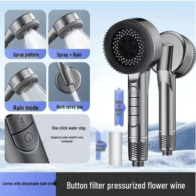Four-Function Pressurized Lotus Shower Head with Bathing Brush