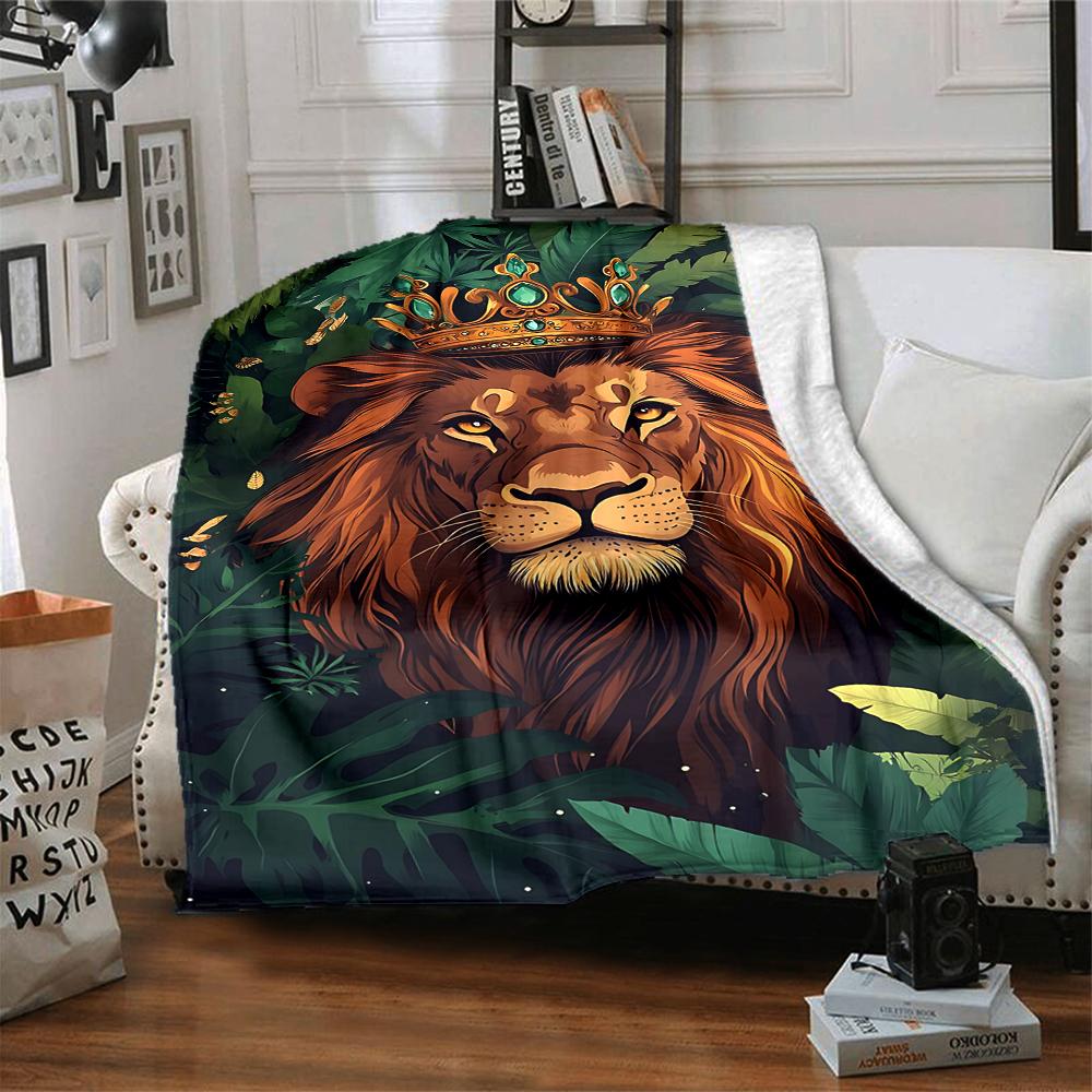 1Pc Royal Lion Jungle Flannel Blanket, Soft And Comfortable, Casual Warm, Camping Travel, Christmas, Halloween Xmas Gift. G1266