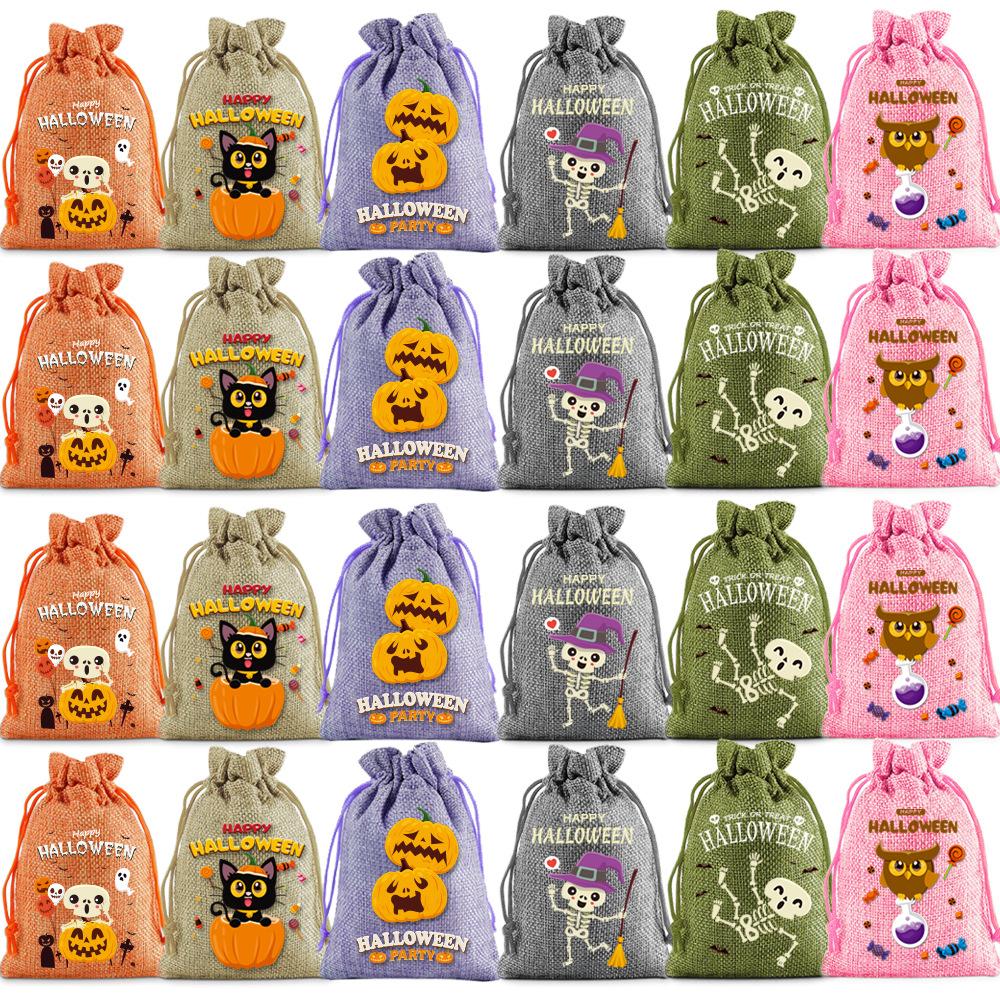 

halloween decoration 2024 Burlap Drawstring Bag Linen Drawstring Gift Bag Trick Or Treat Candy Bag Halloween Party Kids Supplies оранжевый