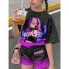 Girls' Black-to-Purple Starry Gradient K-Pop/Anime Style Short-Sleeve Set: All-Over Print "Starry Girl" T-Shirt + Gradient Mid-L