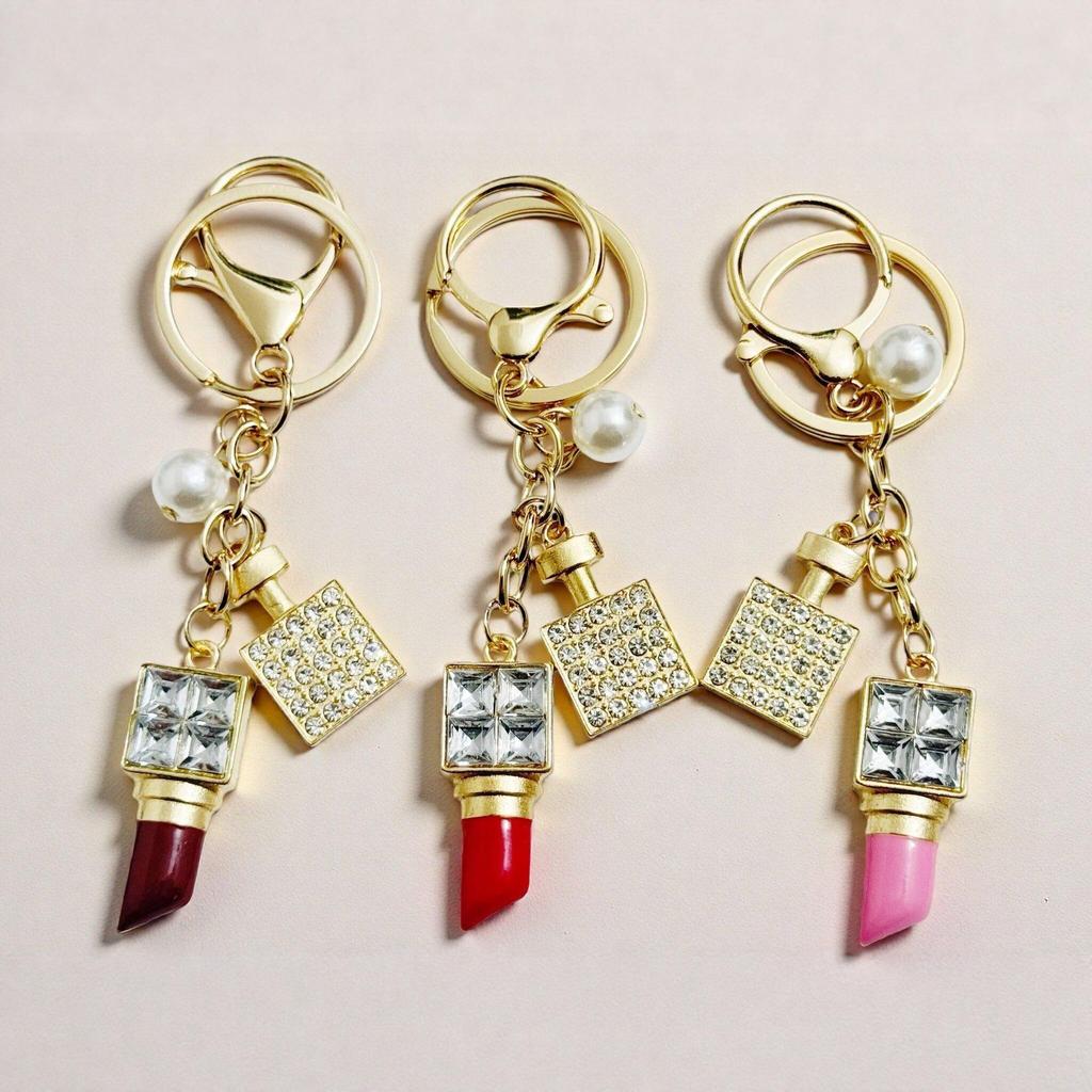 Rhinestone Perfume Bottle Lipstick Pearl Keychain Charm