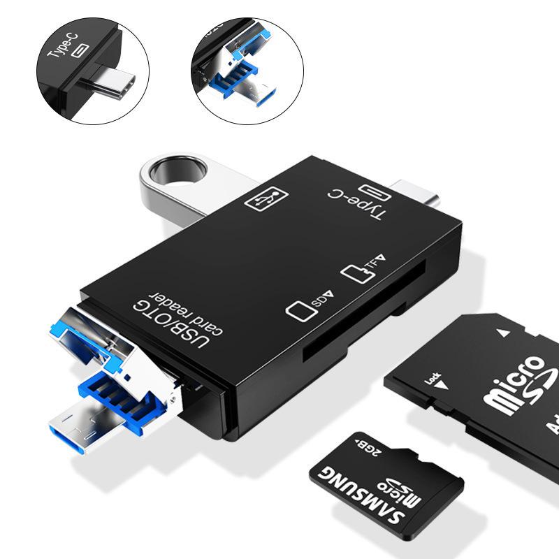 6-in-1 USB 3.0 Type-C Card Reader for Android & Computers, OTG SD/TF/U Disk Compatible.
