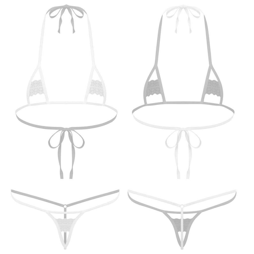 Womens Sheer Micro Bikini Set Halter Bra Top-G string Thong Swimsuit