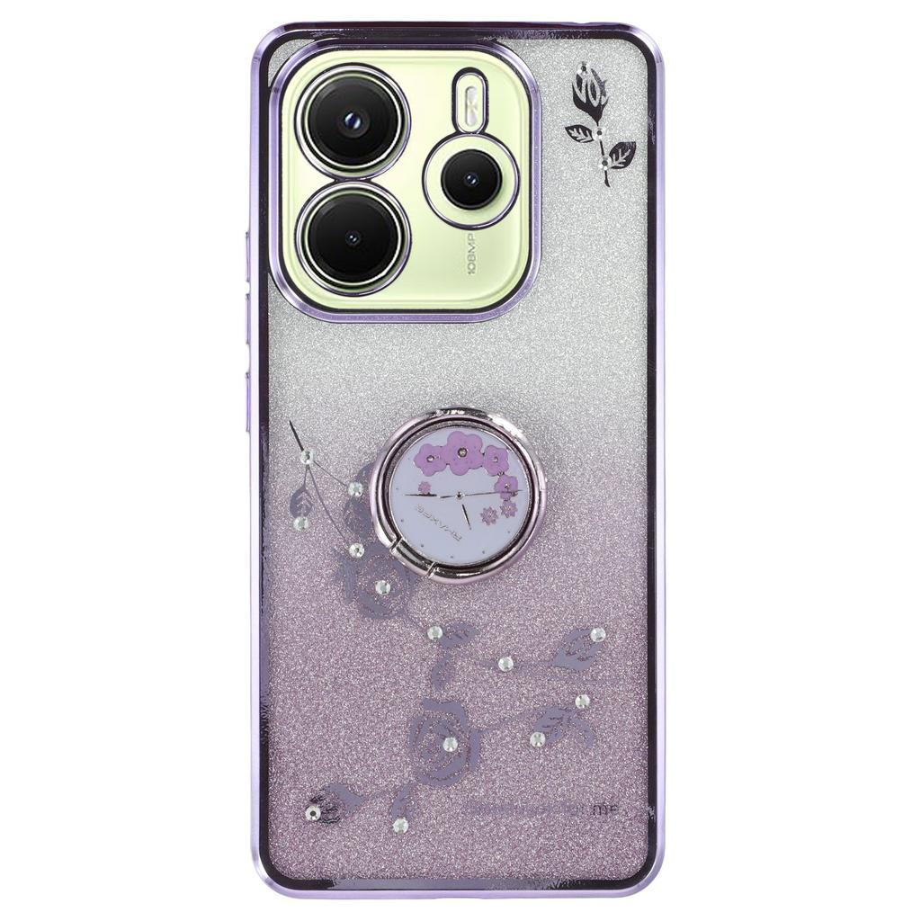 KADEM For Xiaomi Redmi Note 14 4G (163.25x76.55x8.16mm) Case Ring Kickstand TPU Flowers Phone Cover Gradient Glitter