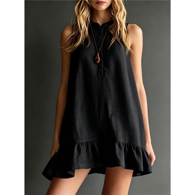 Cotton And Linen Solid Color Elegant Stand Up Collar Sleeveless Ruffle Edge Dress For Women L чёрный