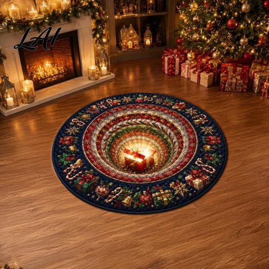 Christmas Floor Mat Round 3D Rug Optical Illusion Area Santa Claus Gnome Quilted-Like Patterned Rug Anti-slip Washable for Living Room Bedroom
