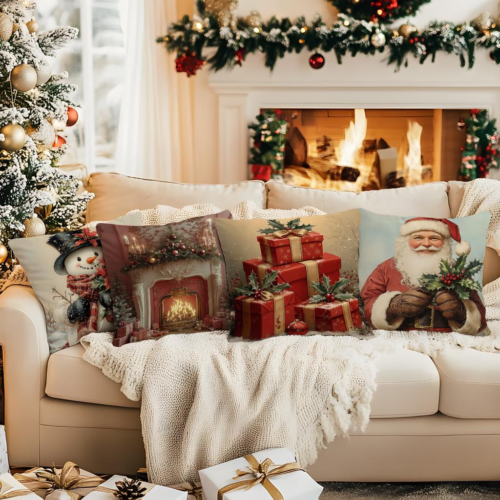 Vintage Christmas Cushion Pillowcase Printed Polyester 45X45Cm Throw Pillowcover Decorative Sofa Cushion Pillowslip Home Decor