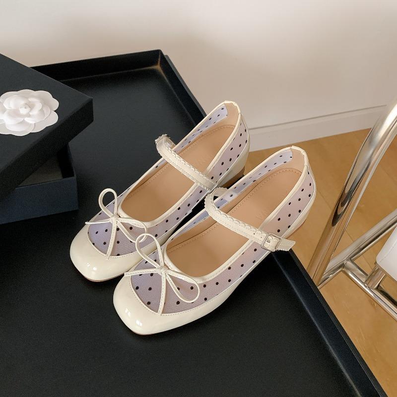 Splicing ballet Mary Jane shoes women's summer new inner height-increasing mesh bow high-end shallow mouth single shoes