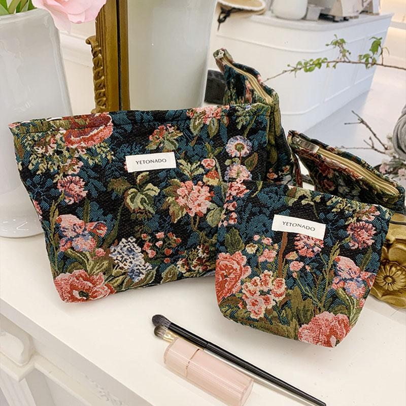 INS Style Vintage Flowers Cosmetic Bag Portable Hand Cosmetic Bag Travel Out Toiletries Storage Bag Makeup Tools Storage Pouch