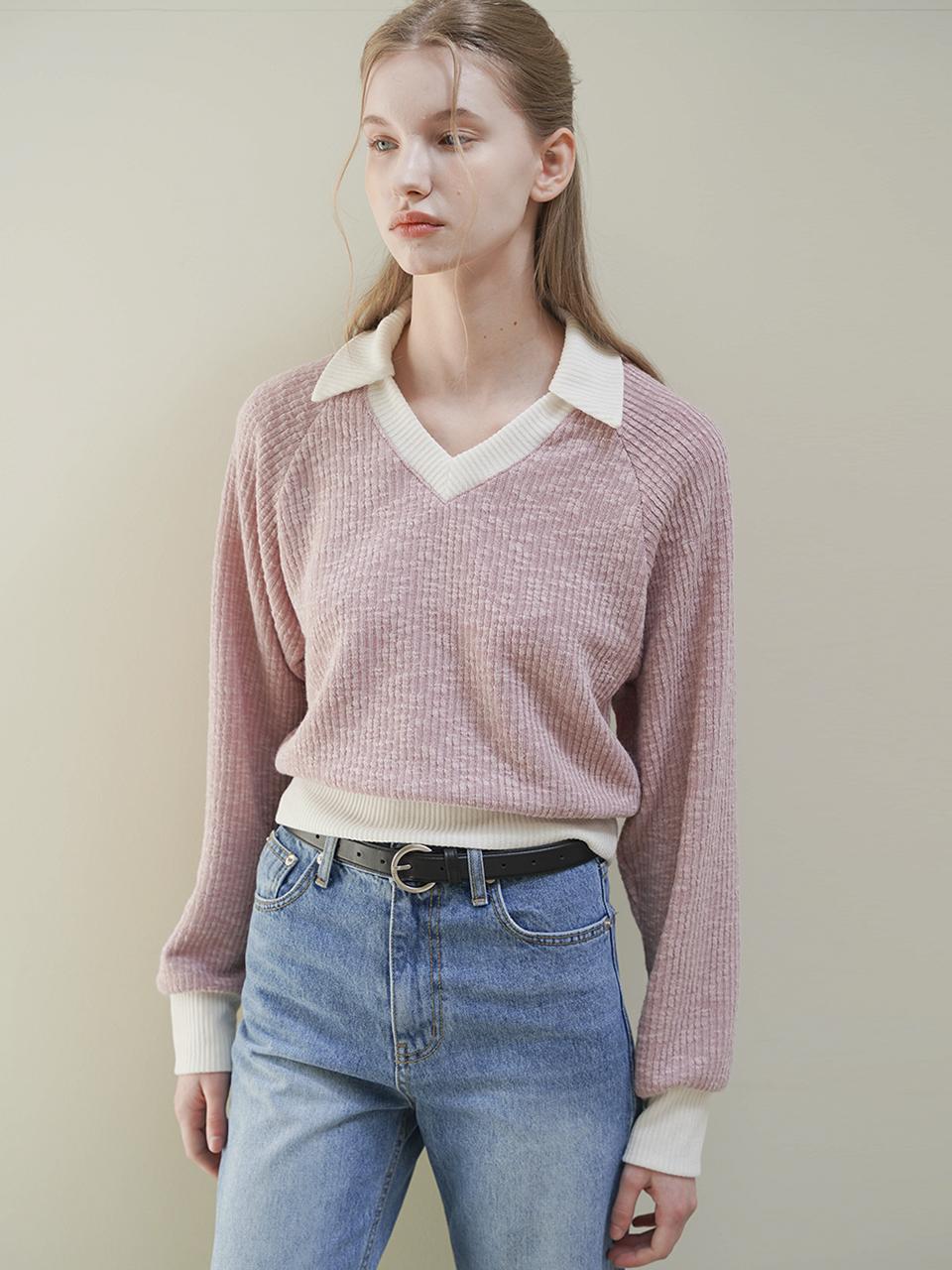 Raye Daisy Coloring Collar V Neck Knit (Pink)
