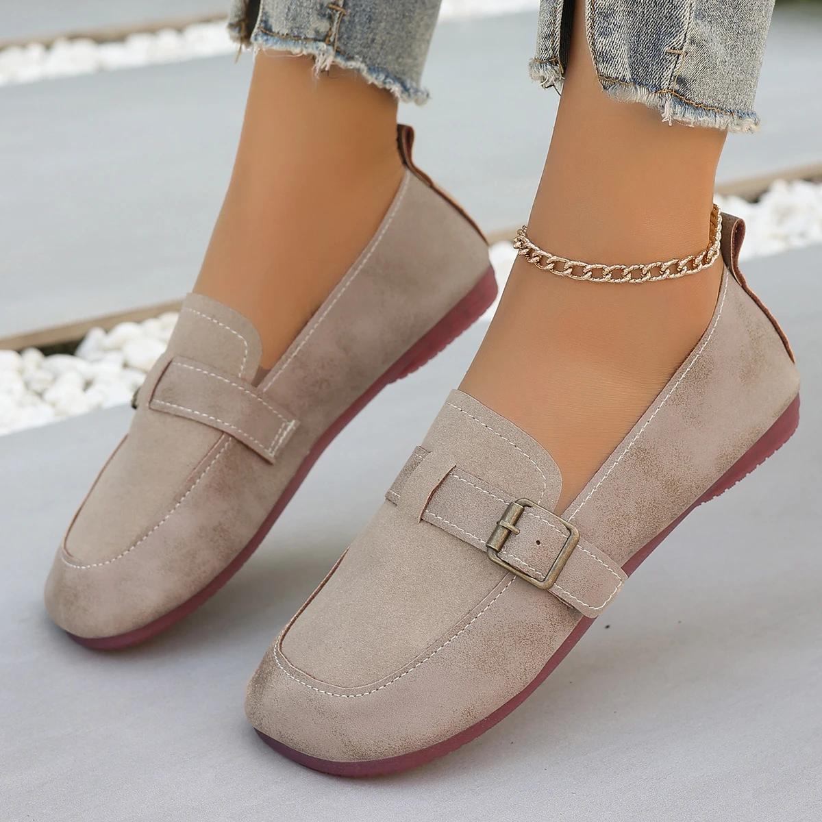 

2024 Новый стиль Универсальные популярные женские туфли на плоской подошве с квадратным носком и мелкой пряжкой, однотонные женские туфли 36