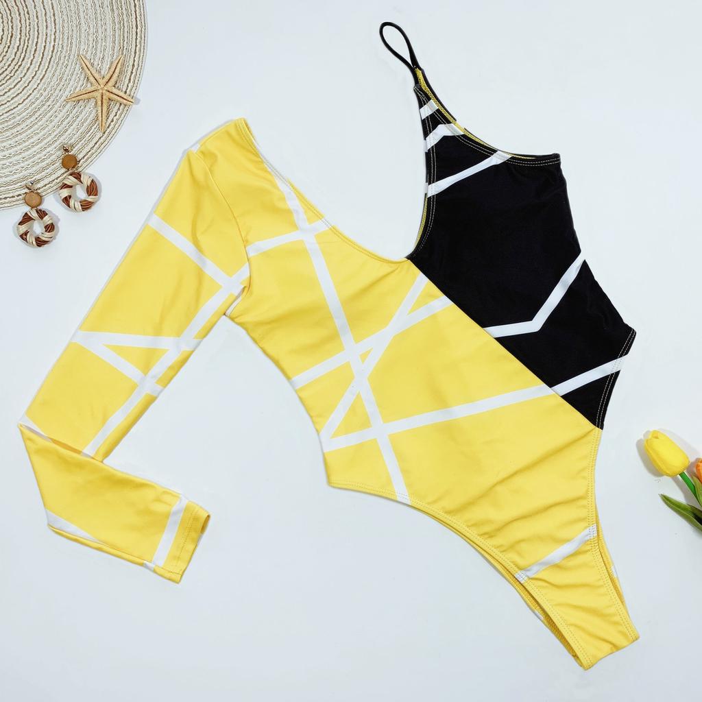 Sexy Women Single Sleeve One-piece Swimsuit Yellow Black Patchwork Bikin Irregular Oen Piece