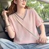 Striped Women's T-shirt Loose V-neck Ruffle Design Female Short Sleeved T-shirts Summer Fashion Versatile Ladies Pullover Top