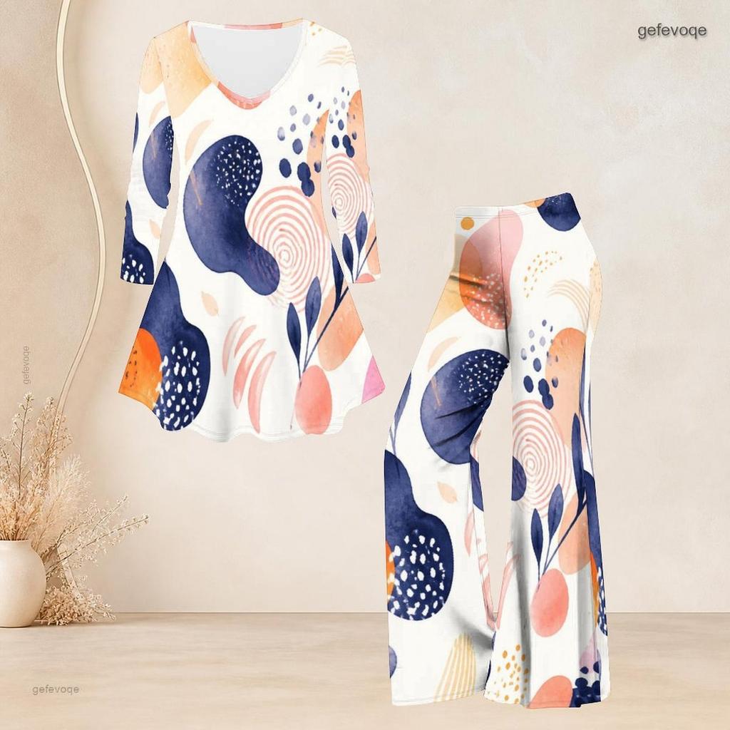 Women Plus Size Round Neck Three Quarter Sleeve Printed Flared Top Flared Pants Two Piece Set