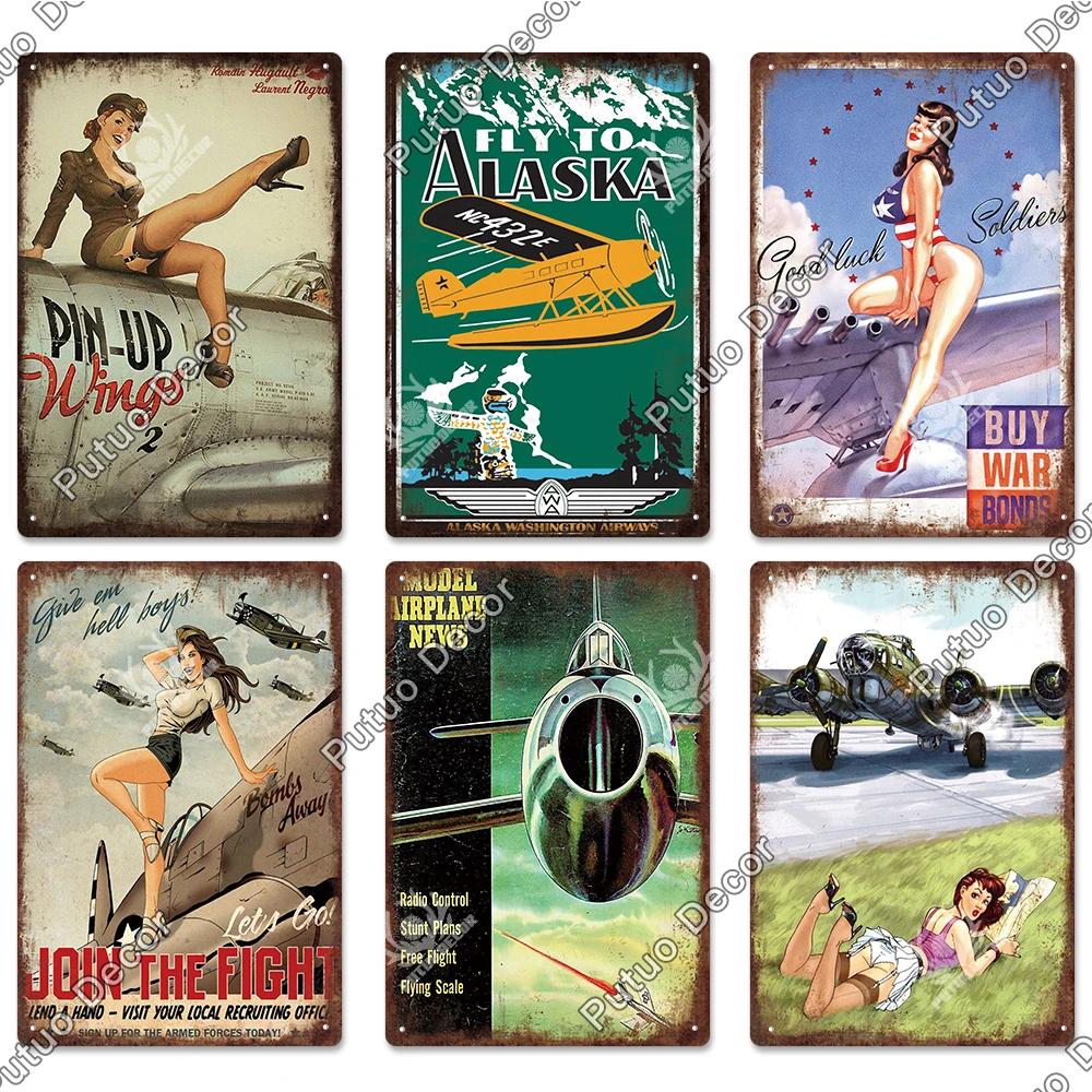 Putuo Decor Fighter Plane Vintage Tin Sign Plaque Metal Plate Retro Posters Wall Art Decoration for Garage Man Cave Pub Bar Club
