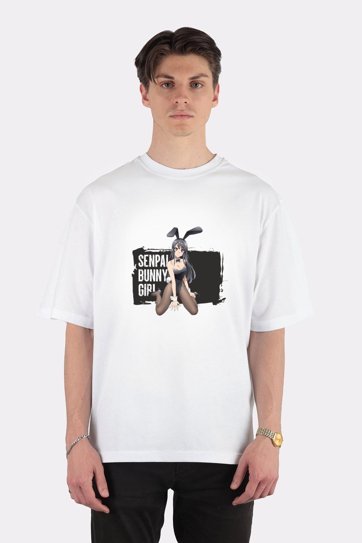 

Unisex Beyaz Oversize T-shirt Sexy Cute Waifu Girl, Bunny Girl, Mai Sakurajima