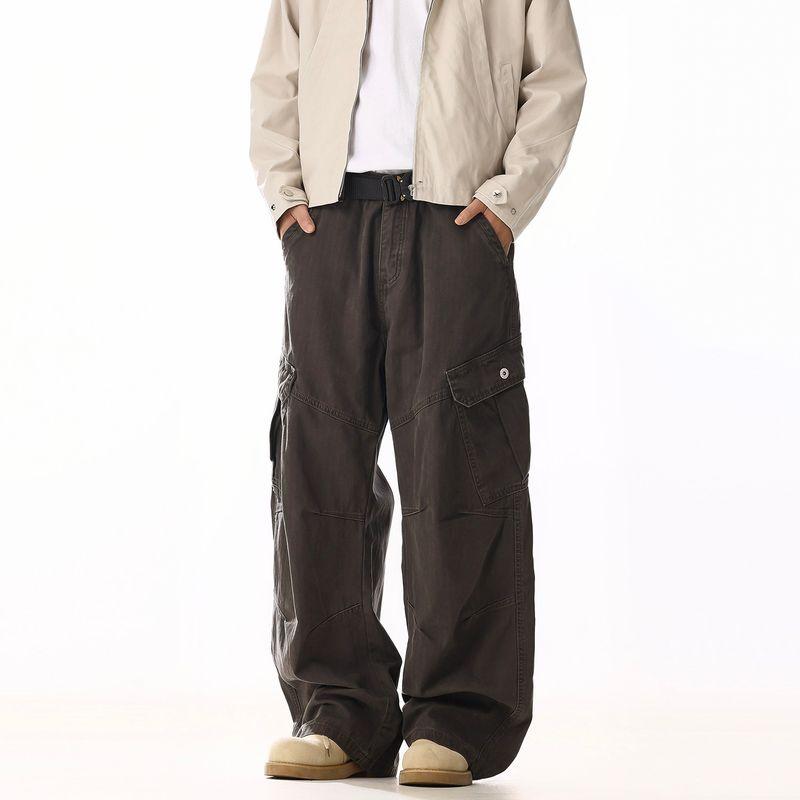 

American Retro Washed Distressed Deconstructed Cargo Pants for Men and Women with Loose Straight-Leg Wide-Leg Design and Pleated Details Curry color XXL