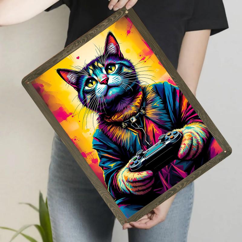 

Colorful Cat Gamer Metal Wall Art Modern Living Room Bedroom Decorative Hanging Home Decoration Art Ornament 20x30cm（7.8x11.8inch）