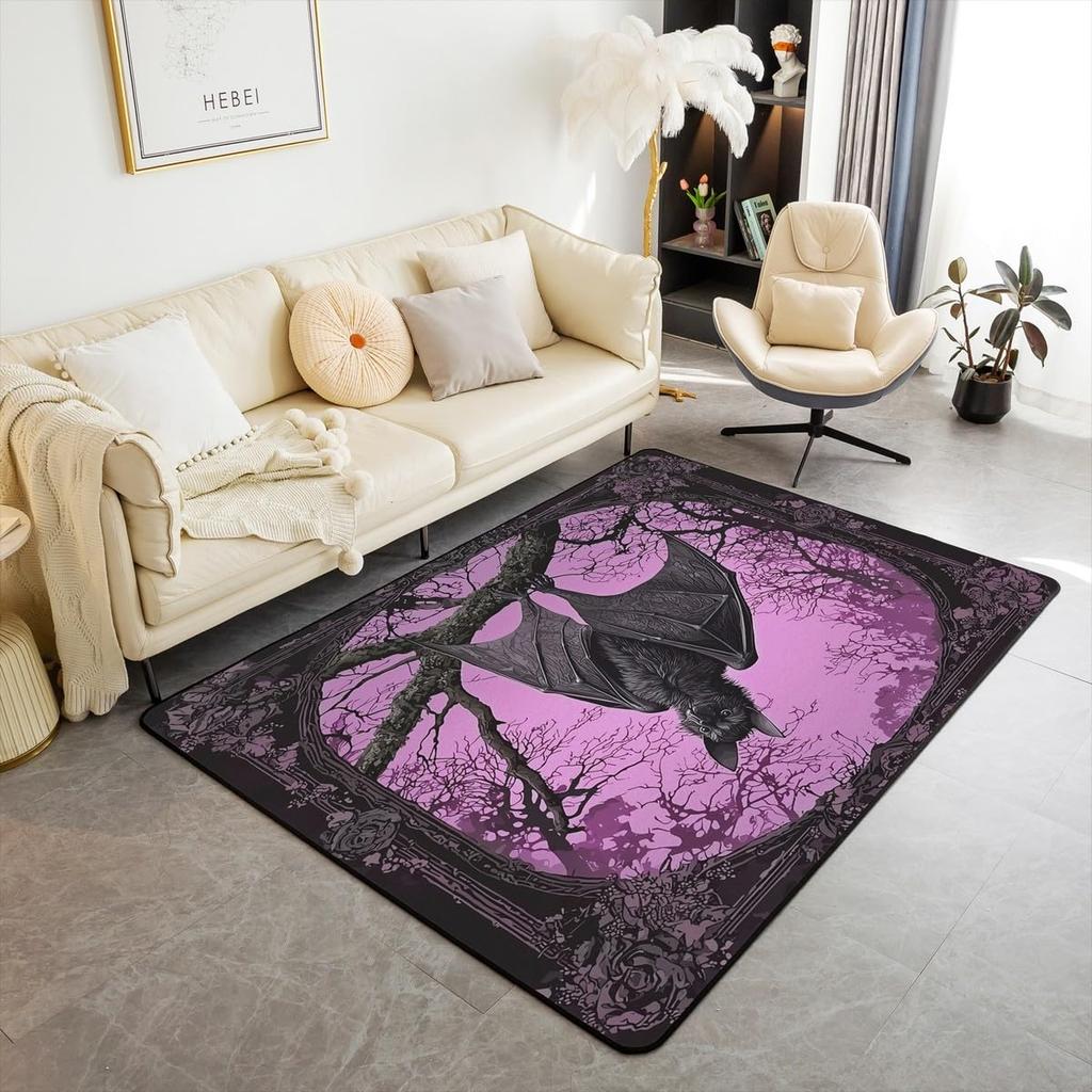Cute Black Bat Large Area Rug 5x7, Floral Plant Leaves Living Room Rug, Starry Sky Moon Galaxy Rugs for Bedroom Boho Exotic European Style C