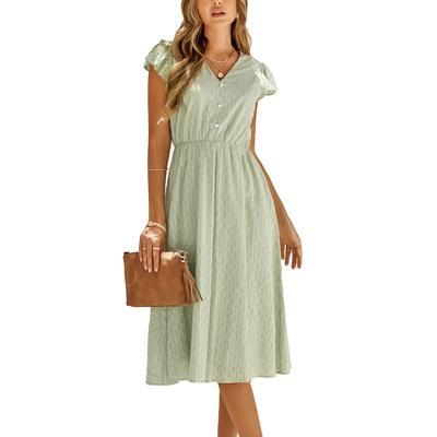 Kurzärmeliges Rüschenkleid Damen Lässig Elegant Einfarbig V-Ausschnitt Taillenraffung Kleid für Büro
