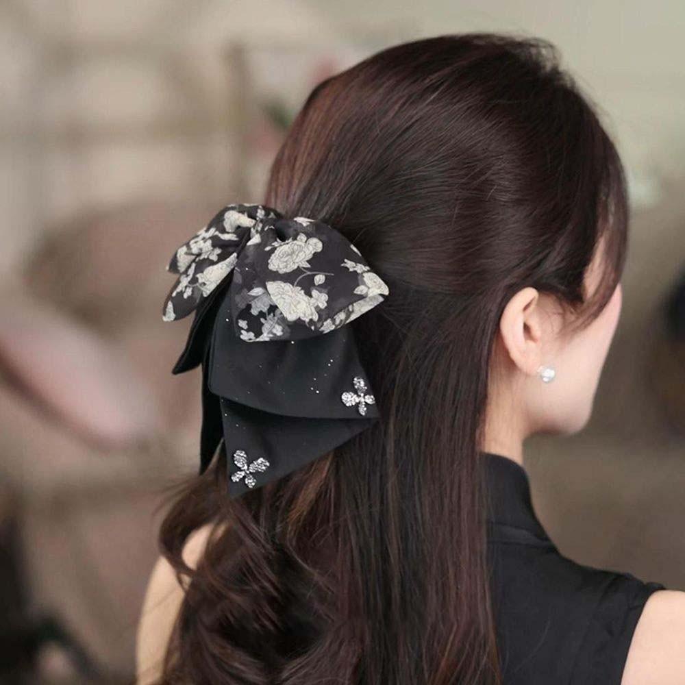 Beads Black Bow Shark Clip French Style Women Sequin Hairgrips Shiny Rhinestone Hair Claw Daily