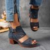 Summer Cut-out Heeled Sandals Women's 2025 New Thick-heeled Plus-size Buckle Roman Sandals