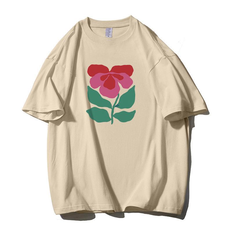 Shellsuning Krásné Květiny Tištěné Tričko pro Ženy Letní Nadměrné Ležérní O-výstřih Jednoduché Univerzální Dívčí Trička Základní Harajuku Pár Topy