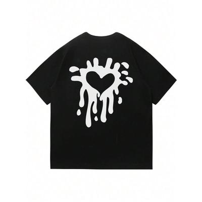 Men's Black Loose Short Sleeve T-Shirt Dripping Heart Print Casual Summer Cotton Top