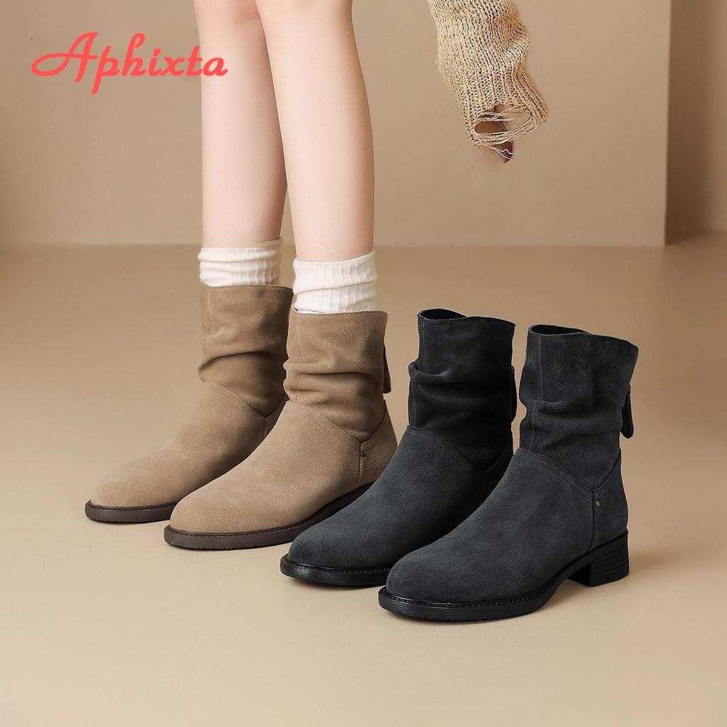 Fashion Aphixta 3.5cm Med Heel Ankle Boots Women Back Zipper Khaki Westen Boot Pointed Toe Women's Ankle Boots Botas Cowboy Mujer