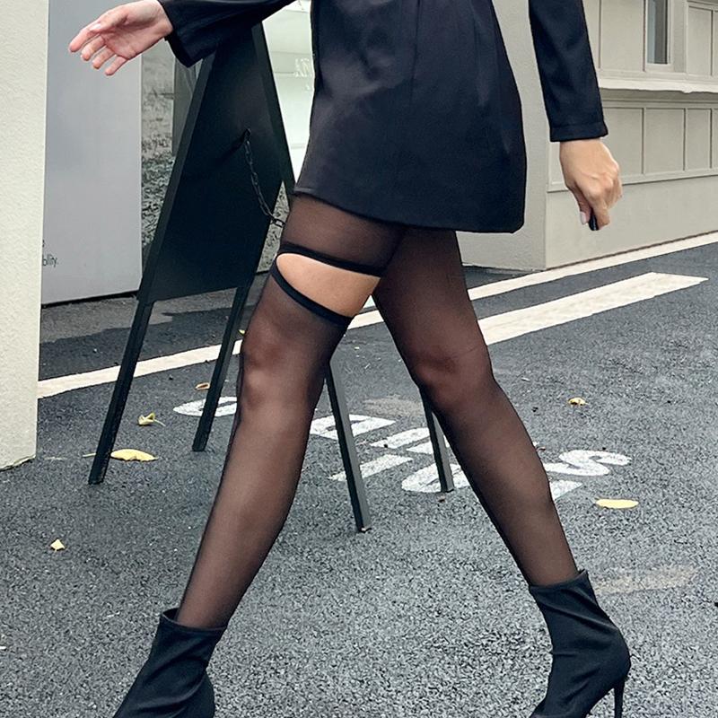 1Pair Vertical Line Hollow Out Female Stockings Personality Tights Asymmetry Leggings Girl Nylon High Pantyhose