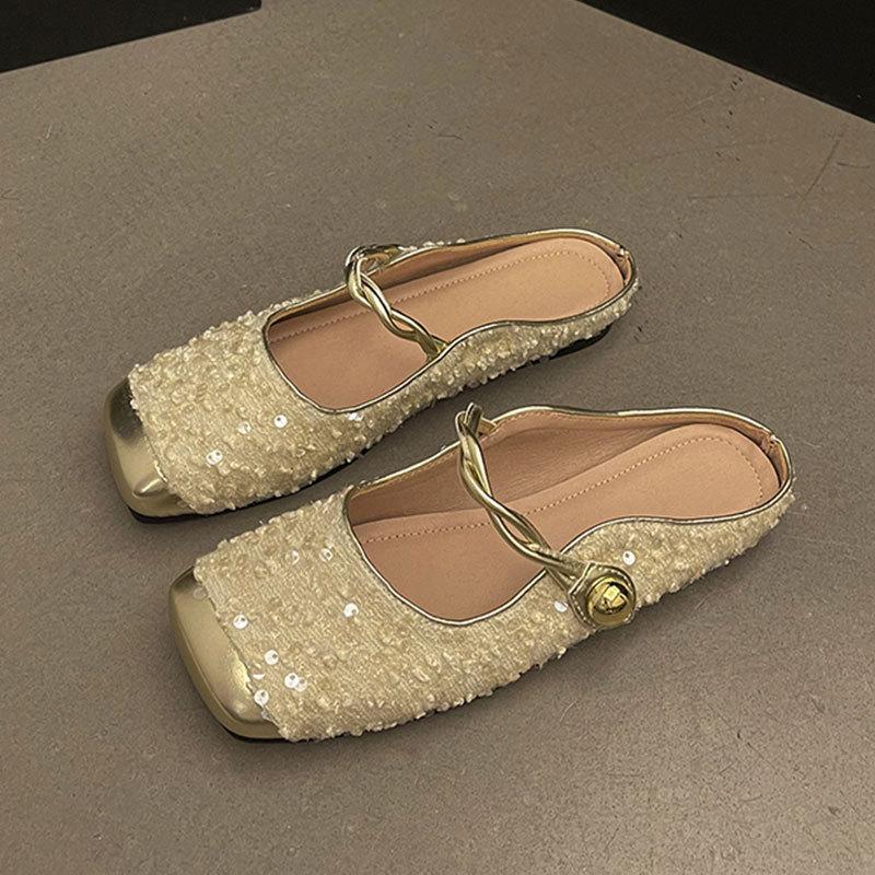 Xiaoxiangfeng Korean version temperament Mary Jane single shoes women's shoes 2025 spring and summer French sequined silver bag head half slippers w
