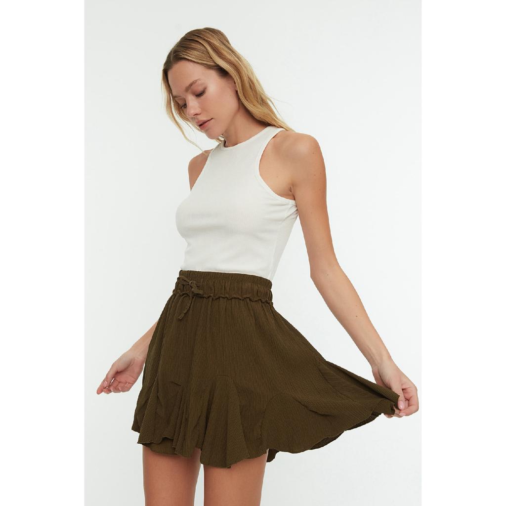 Schwarzer Rock mit Rüschen und normaler Taille, Mini-Strickrock aus Krepp Twoss21et0056