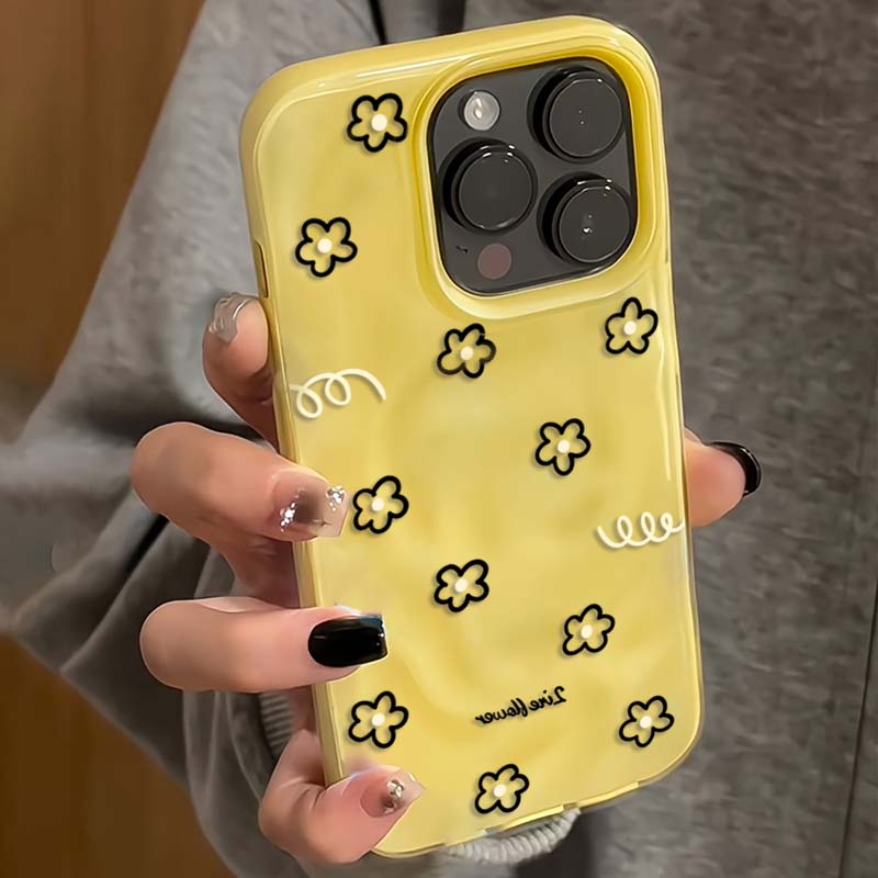 Cute Black Line Flower Korean Phone Case For iPhone 16 15 14 Plus 13 12 11 17 Air Pro Max Folds Texture Kawaii Soft Cover Cases