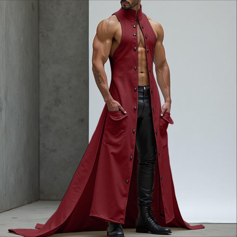 

INCERUN Men Stand Neck Sleeveless High Low Splits Long Vest Cardigan Coats M вино красного